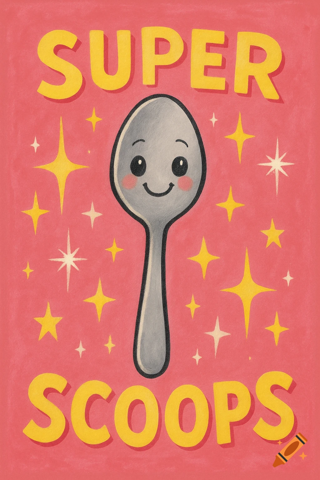 Cute cartoon spoon illustration on a pink background with stars and 'SUPER SCOOPS' text.