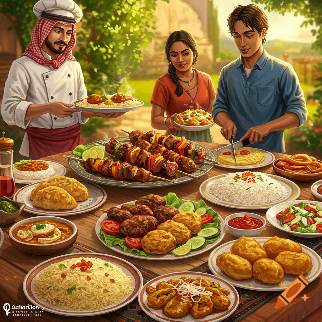 People enjoy a large outdoor meal with various dishes, including kebabs, rice, and other foods.