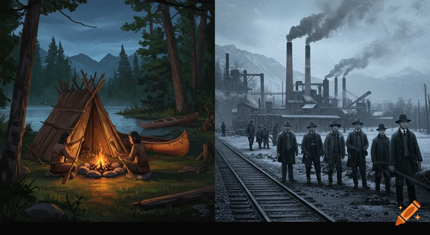 Split image: a traditional camp by a lake at night, and a grey industrial scene with men by a railway