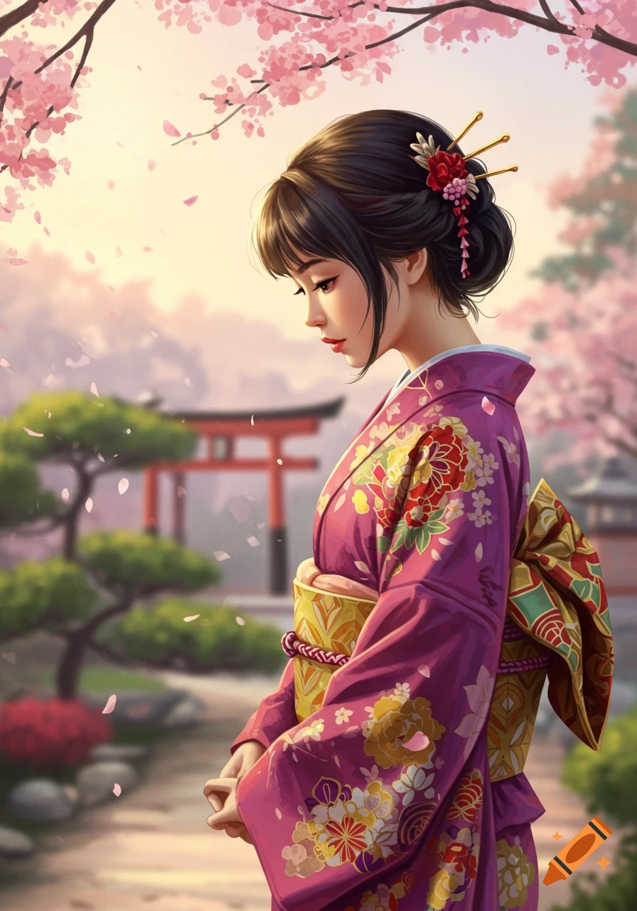 Woman in a purple kimono standing in a cherry blossom garden with a torii gate.