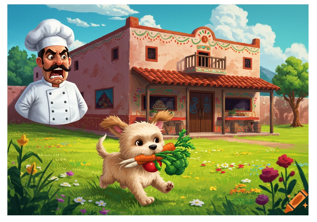 A cute cartoon dog runs with vegetables in its mouth in front of a Mexican restaurant. An angry cartoon chef is depicted in the corner.