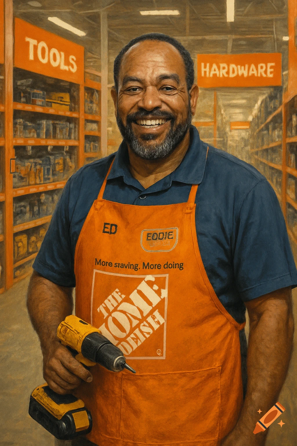 A man in an orange store apron holds a yellow drill in an aisle, painted style.