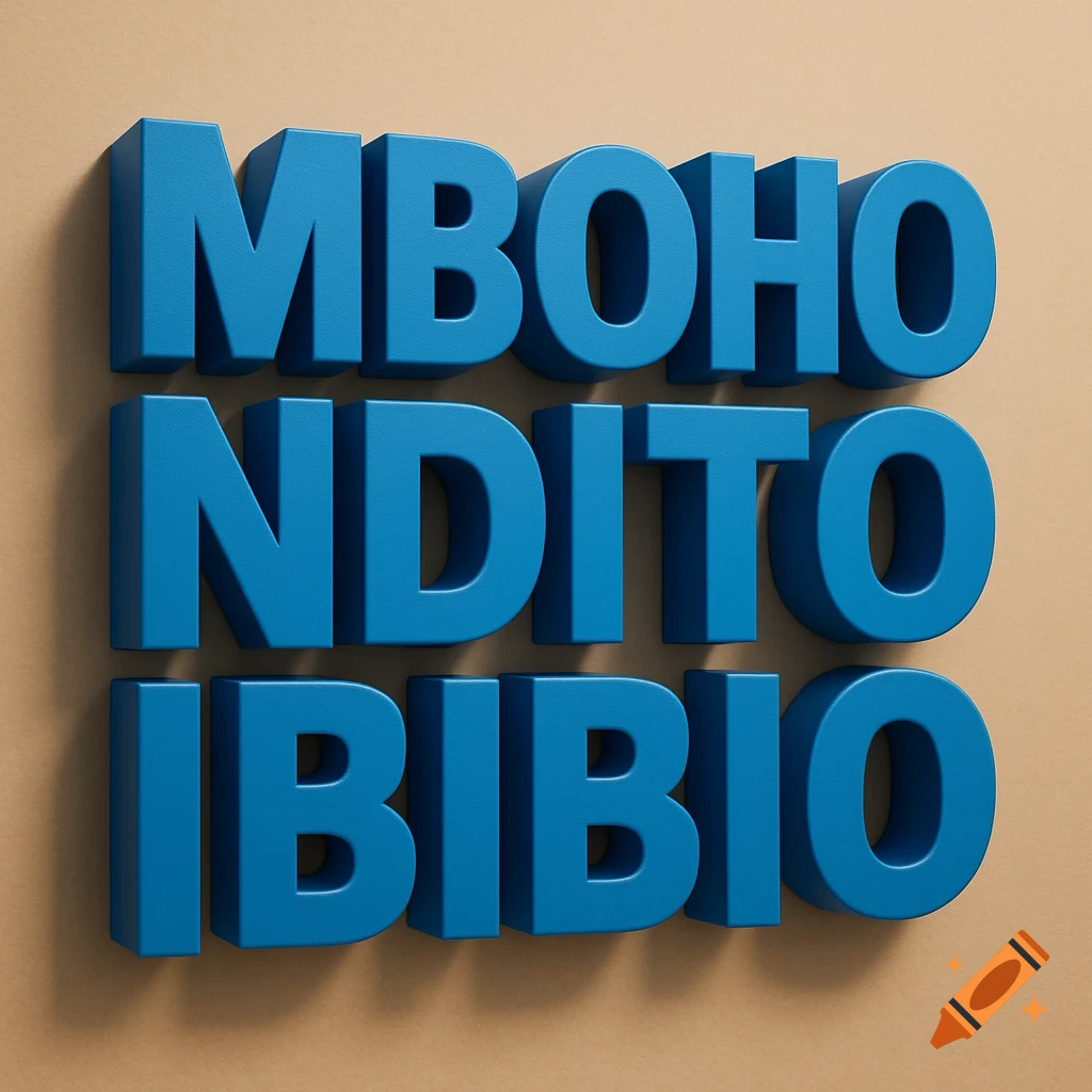 Blue 3D text spelling "MBOHO NDITO IBIBIO" on a light brown background.
