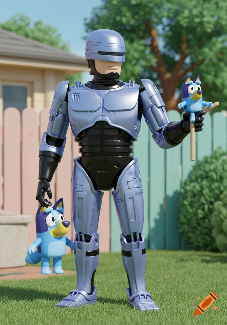 Robocop figure holding Bluey figures in a backyard
