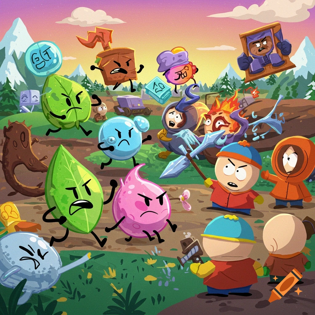 Cartoon crossover battle between South Park characters and object characters in an outdoor scene.