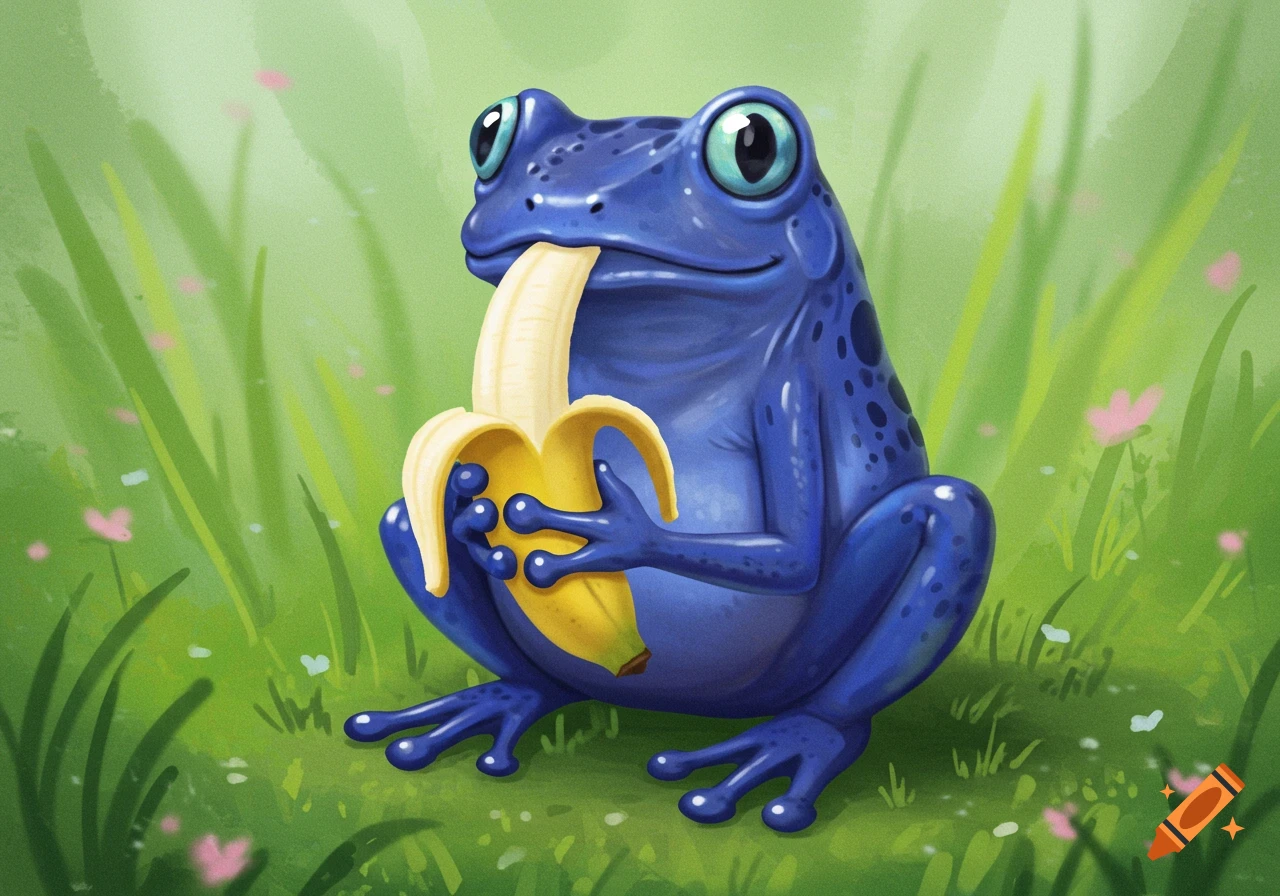 Illustration of a blue frog eating a banana in grass.