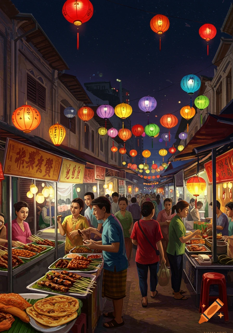 Painterly illustration of a bustling night street market with lanterns and food stalls.