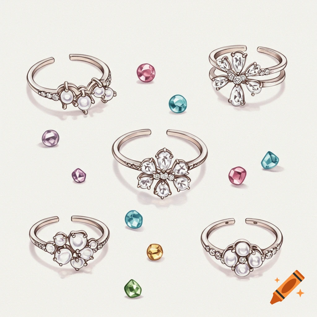 Illustration of silver rings with pearls and gemstones on a light background.