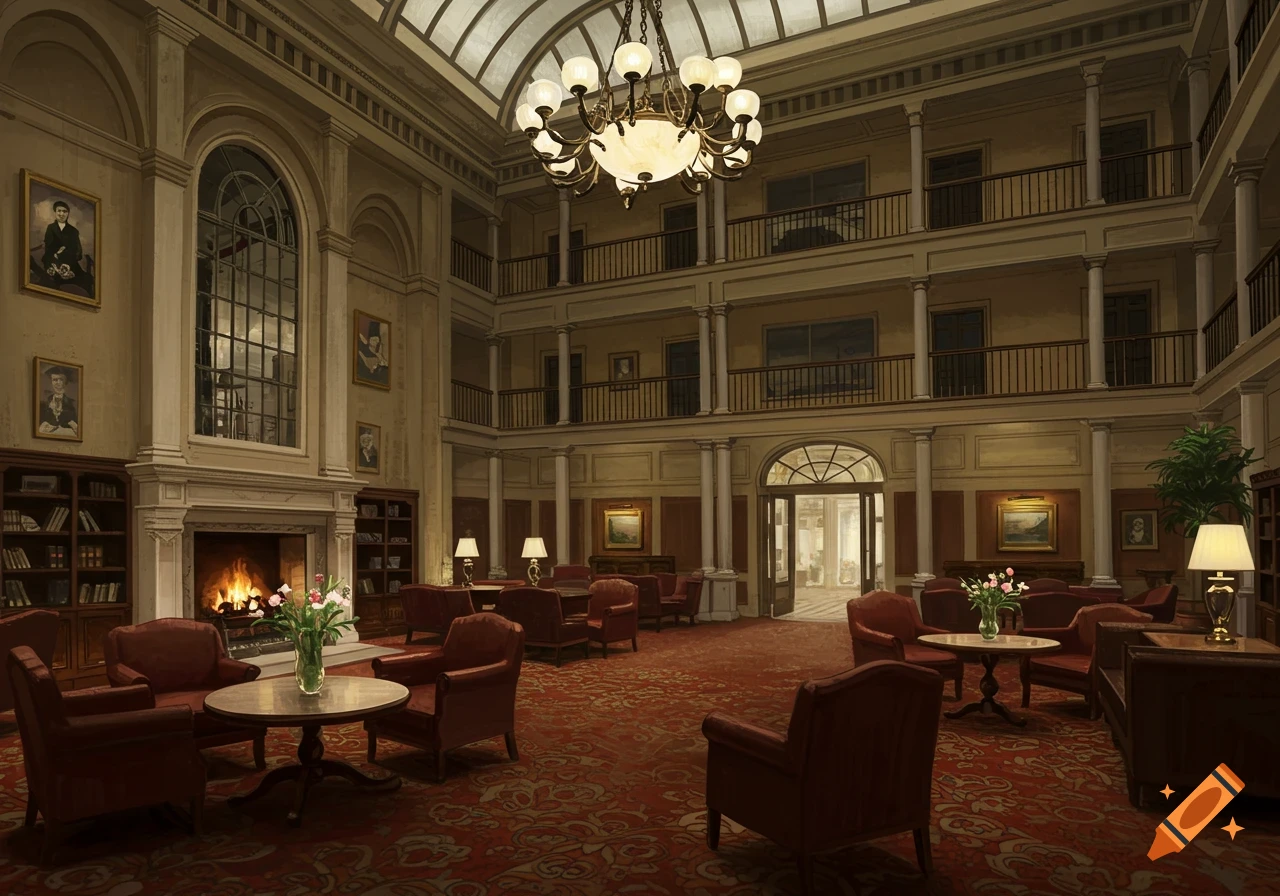 Grand hotel lobby interior with fireplace, seating areas, balconies, and a large chandelier.