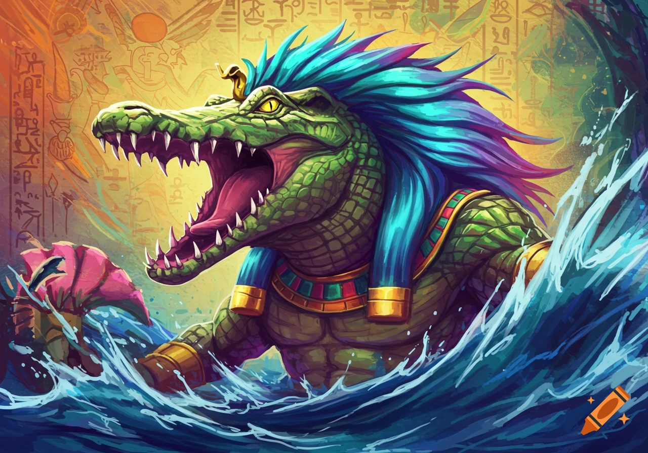 Colorful illustration of Sobek, the Egyptian crocodile god, rising from the water with an open mouth, set against hieroglyphs.
