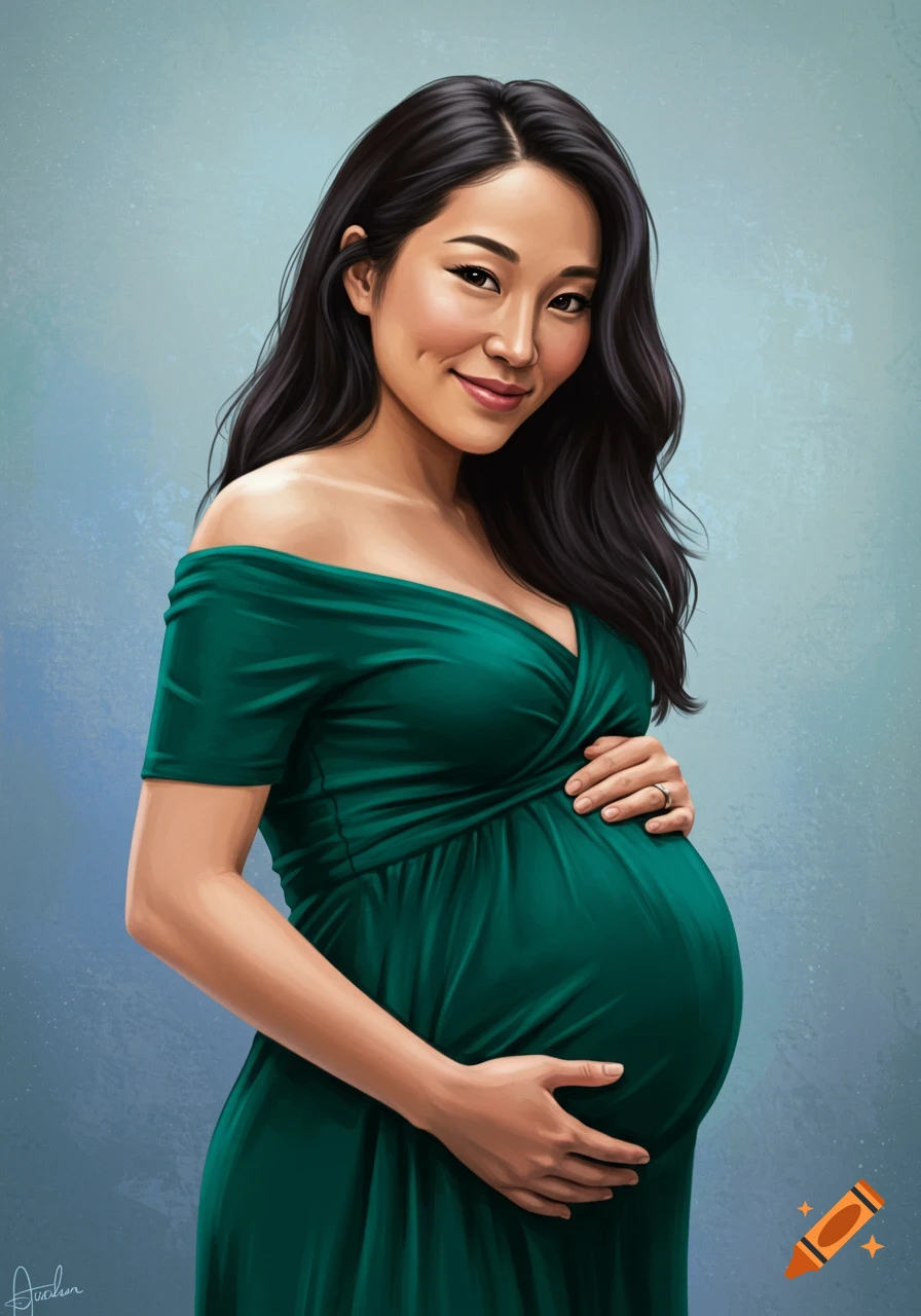 Digital painting of a pregnant woman in a green dress. on Craiyon