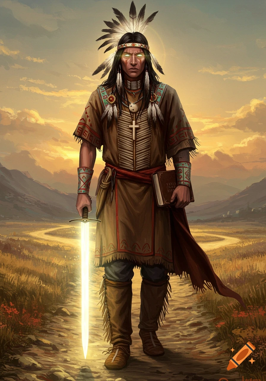A man in traditional Native American attire with a glowing sword and book stands on a path in a field at sunset.