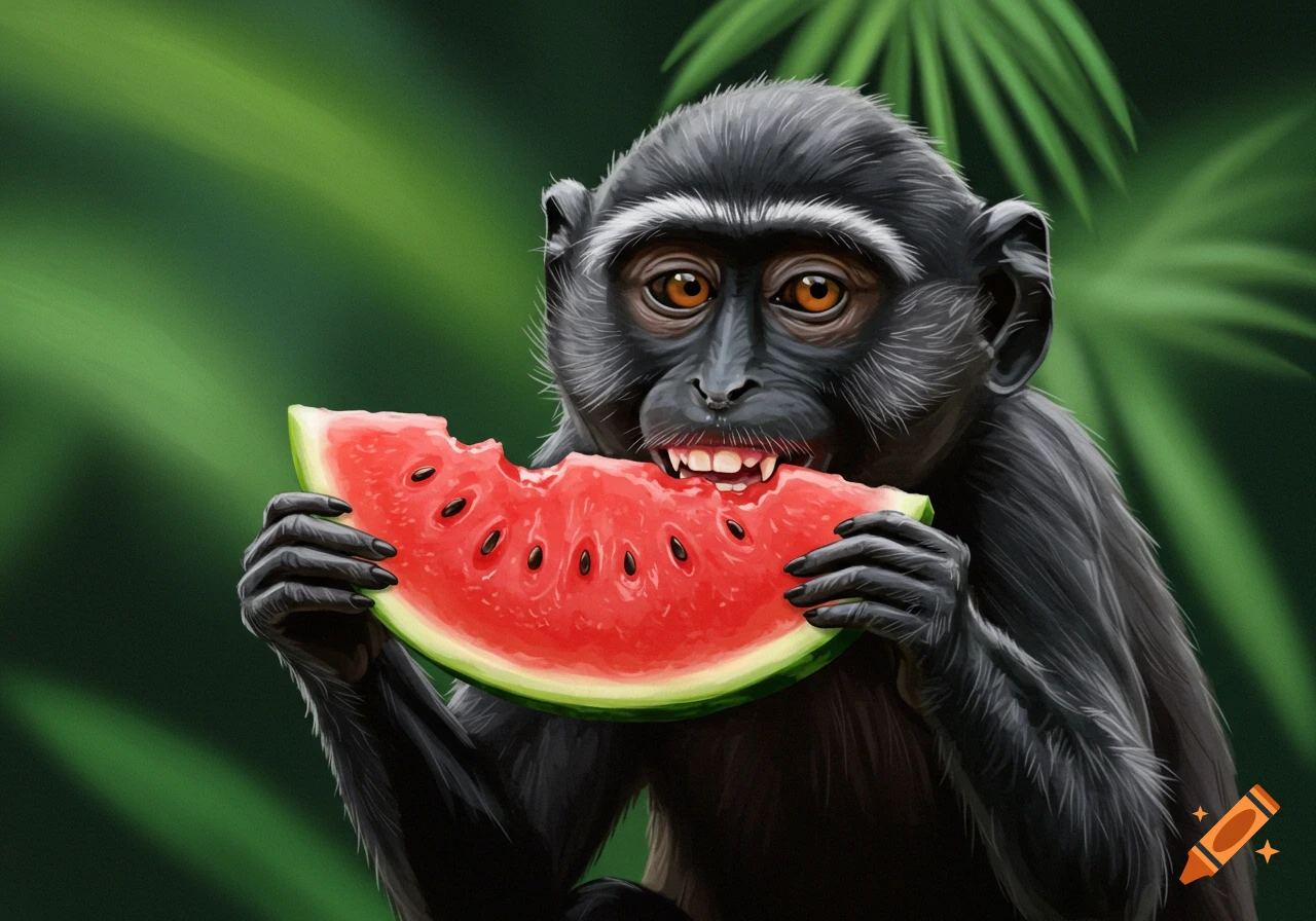 Digital painting of a black monkey happily eating a large slice of watermelon in a jungle.