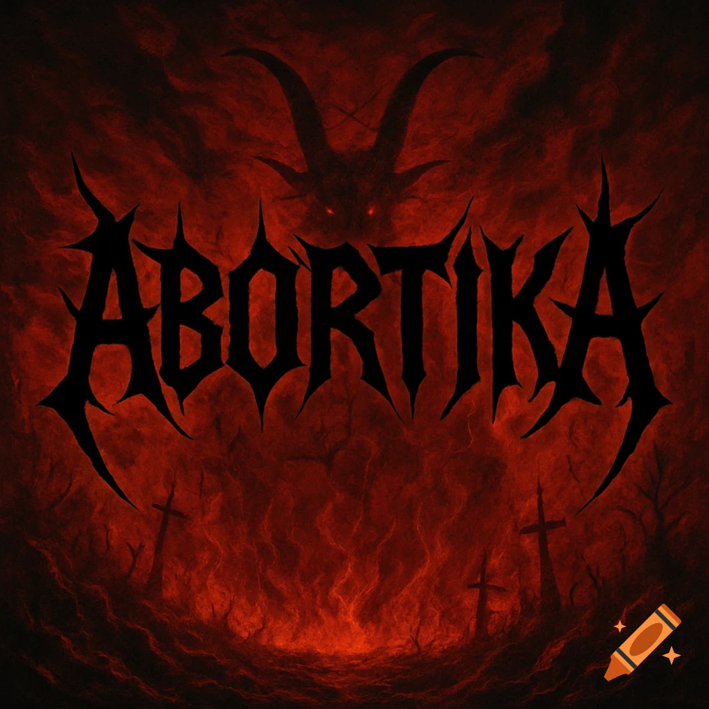 Heavy metal logo ABORTIKA with inverted letters, featuring a devil head and crosses against a fiery red, hellish background.
