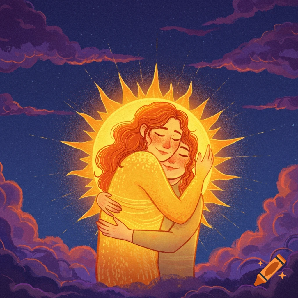 Illustration of two people embracing in front of a large sun, surrounded by clouds at night.
