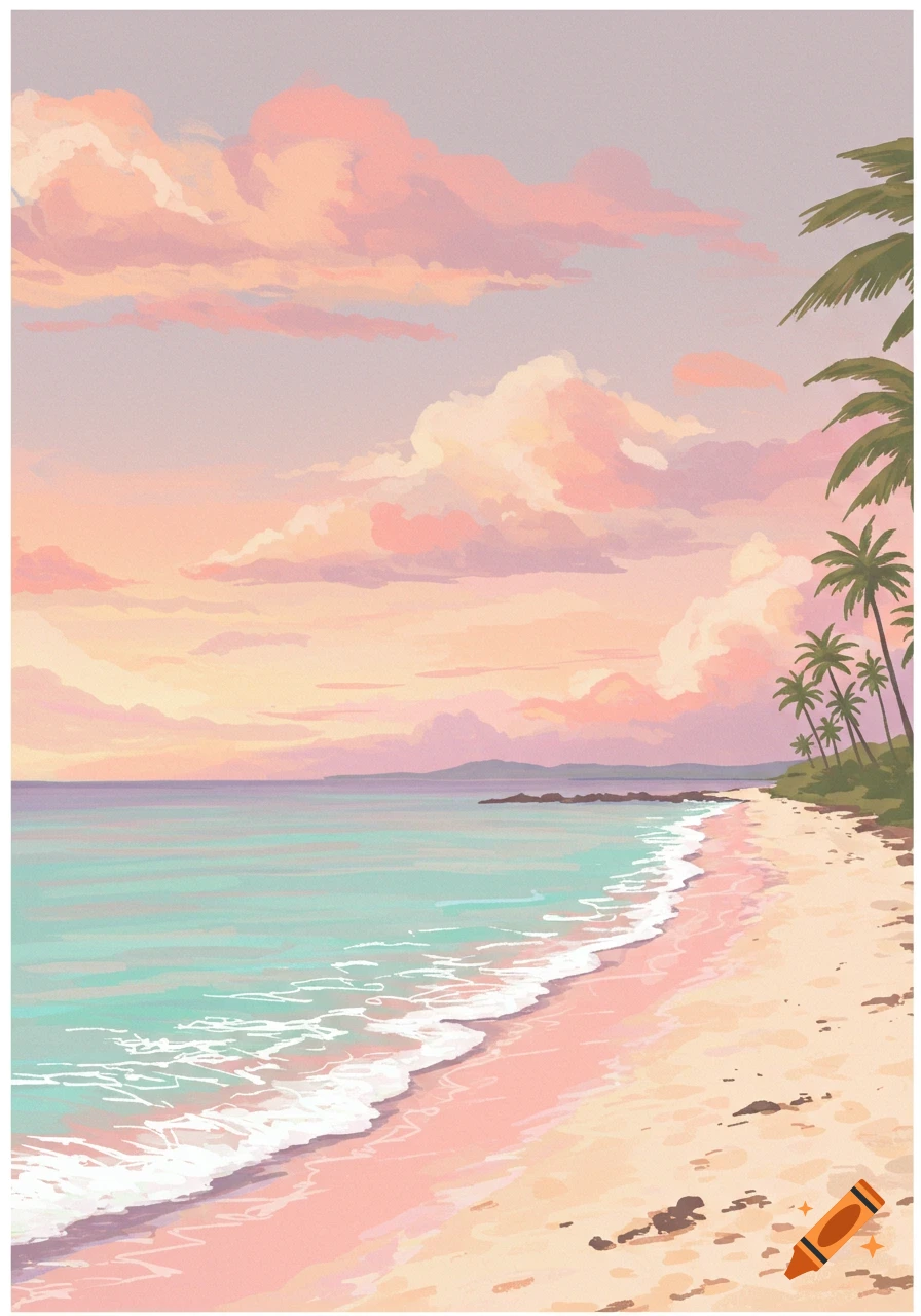 A pastel beach scene with pink sand, turquoise water, palm trees, and pink clouds at sunset.