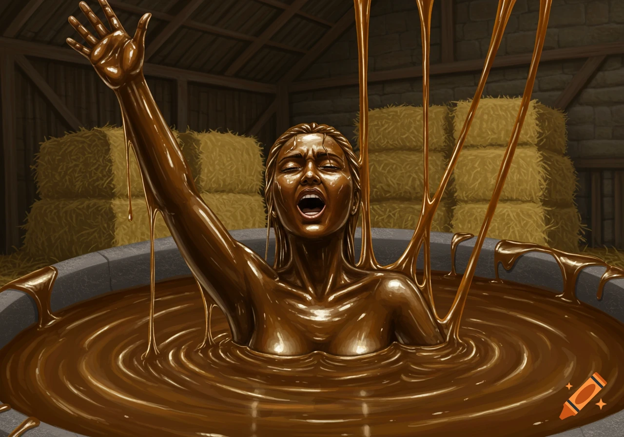 A woman covered in shiny brown molasses screams, raising an arm out of a vat in a barn filled with hay bales.