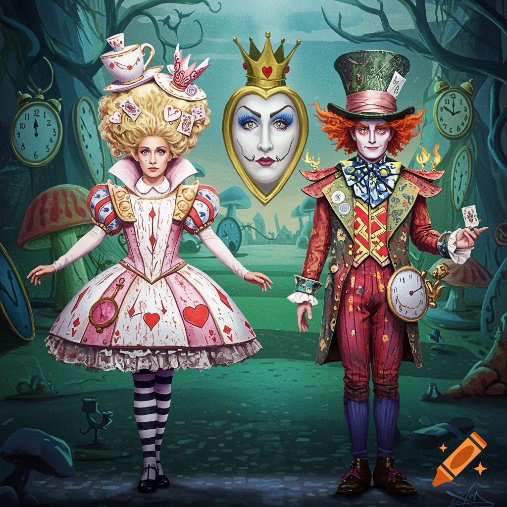 Alice and the Mad Hatter in surreal costumes stand in a forest with clocks, inspired by Dali.