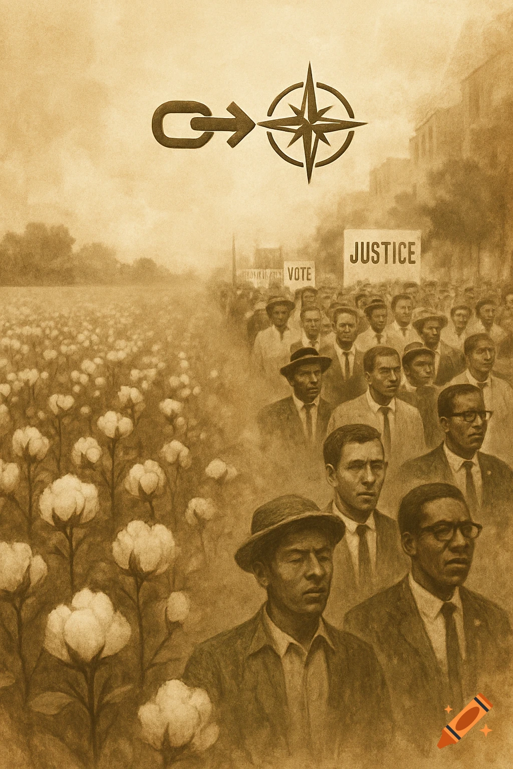 Sepia-toned illustration of cotton field morphing into civil rights ...