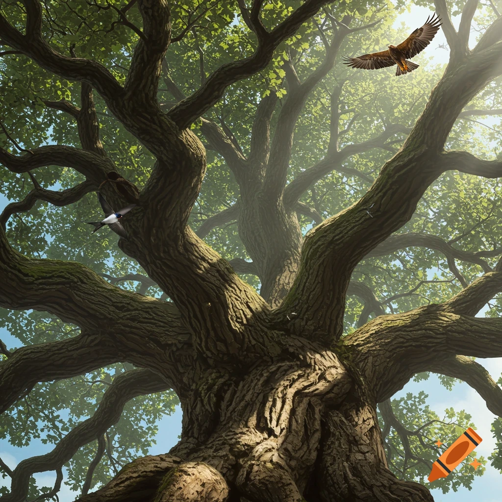 View looking up into a large oak tree with a swallow and eagle flying