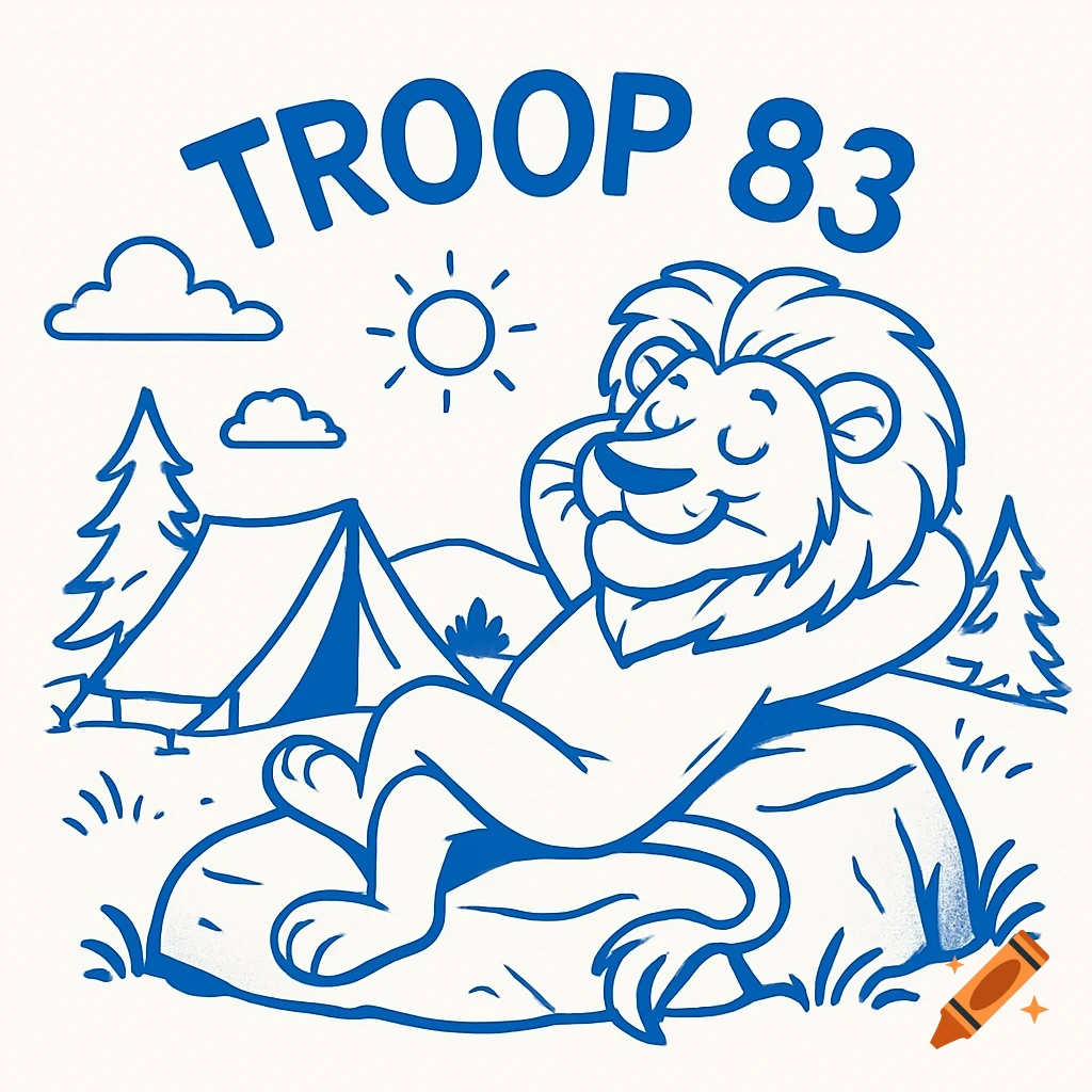 Cartoon blue line art of a lion relaxing on a rock with a tent, trees, sun, and clouds in the background. Text above reads "TROOP 83".