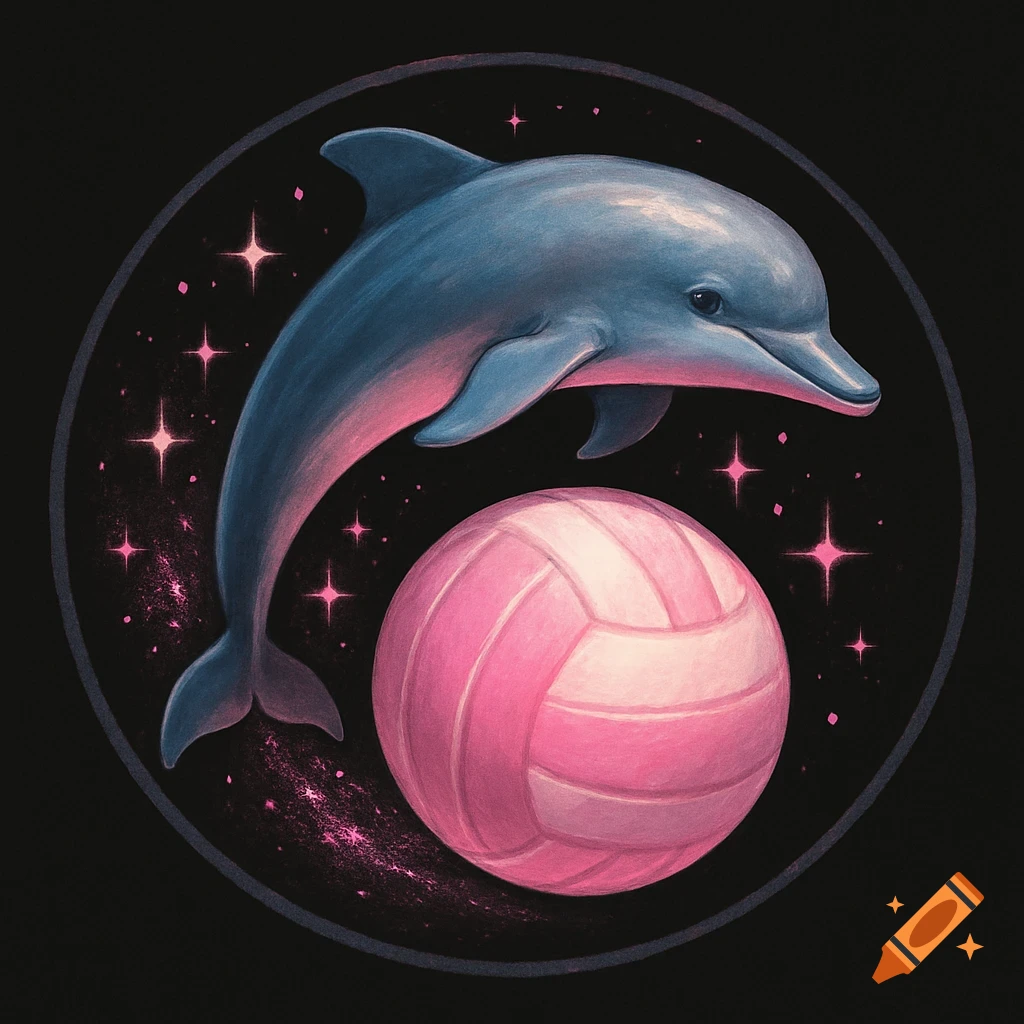 Illustration of a blue dolphin jumping over a pink volleyball with pink sparkles in space within a dark circle.
