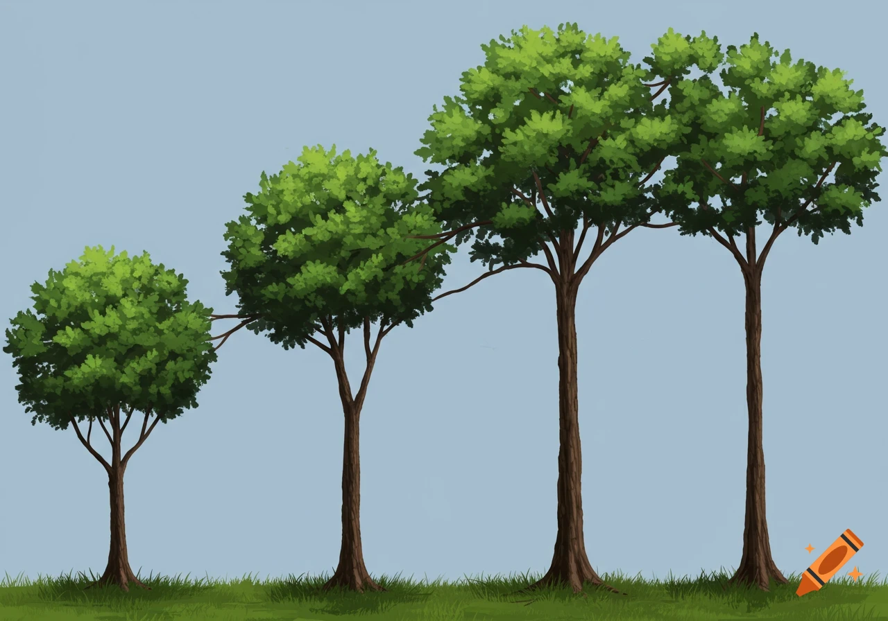 Illustration of four trees in a row, growing taller from left to right, with connected branches.