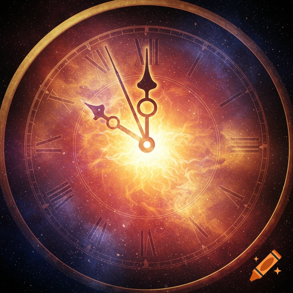 Ornate clock face with Roman numerals filled with a cosmic nebula and glowing energy