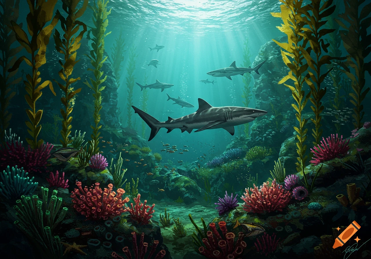 Sharks swim through a vibrant underwater kelp forest filled with colorful coral.