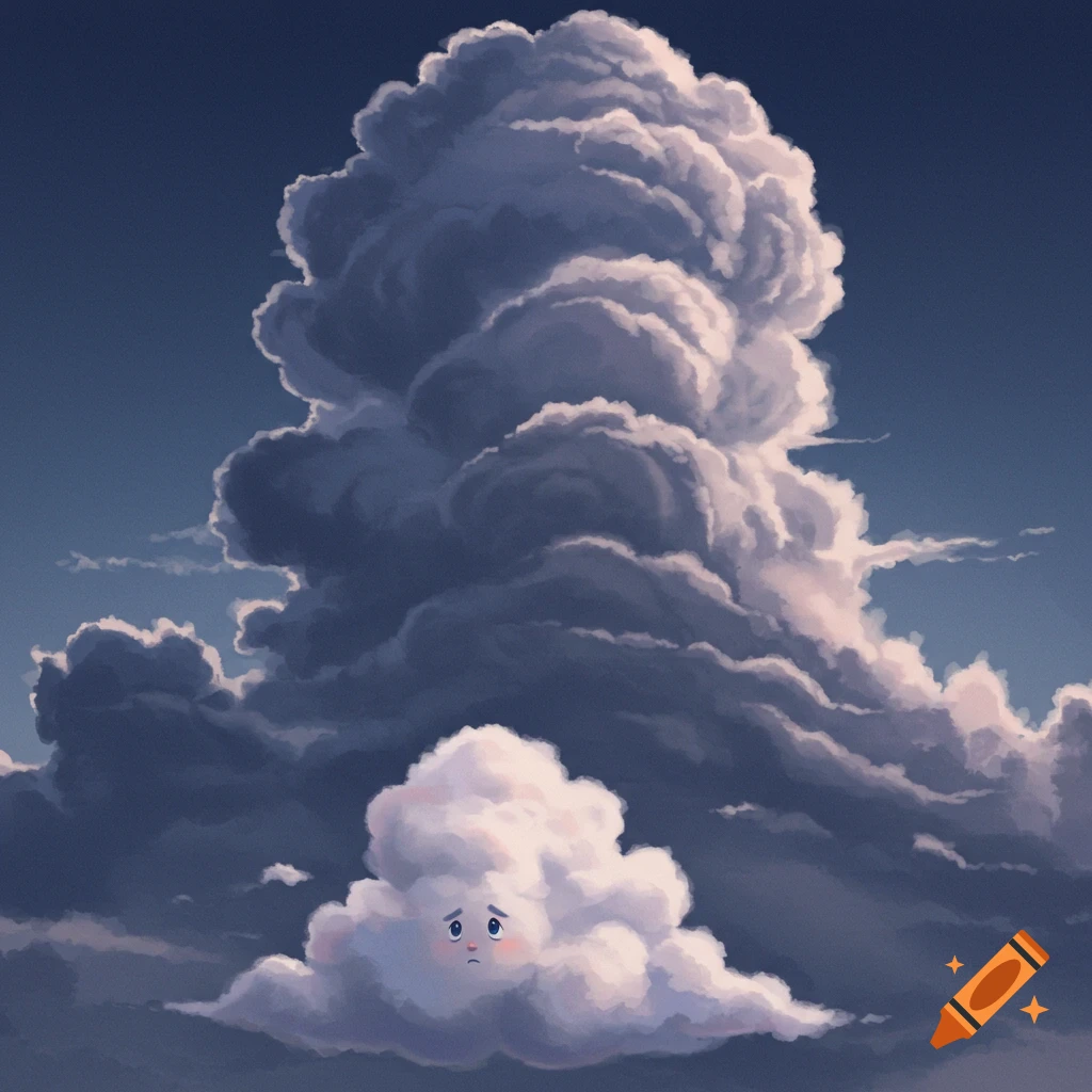 A small sad cloud looks up at a large dark cloud in a soft illustration style.