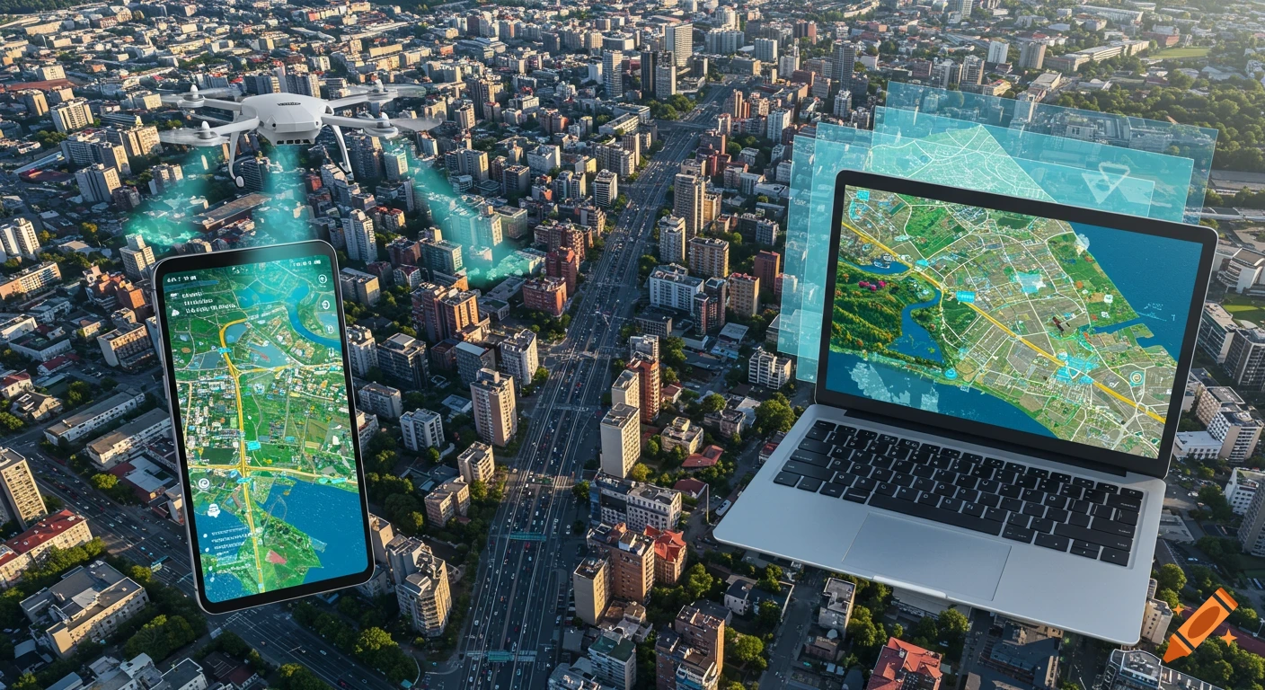Aerial view of a city with a drone scanning, a smartphone, and a laptop displaying mapping data and abstract data layers.