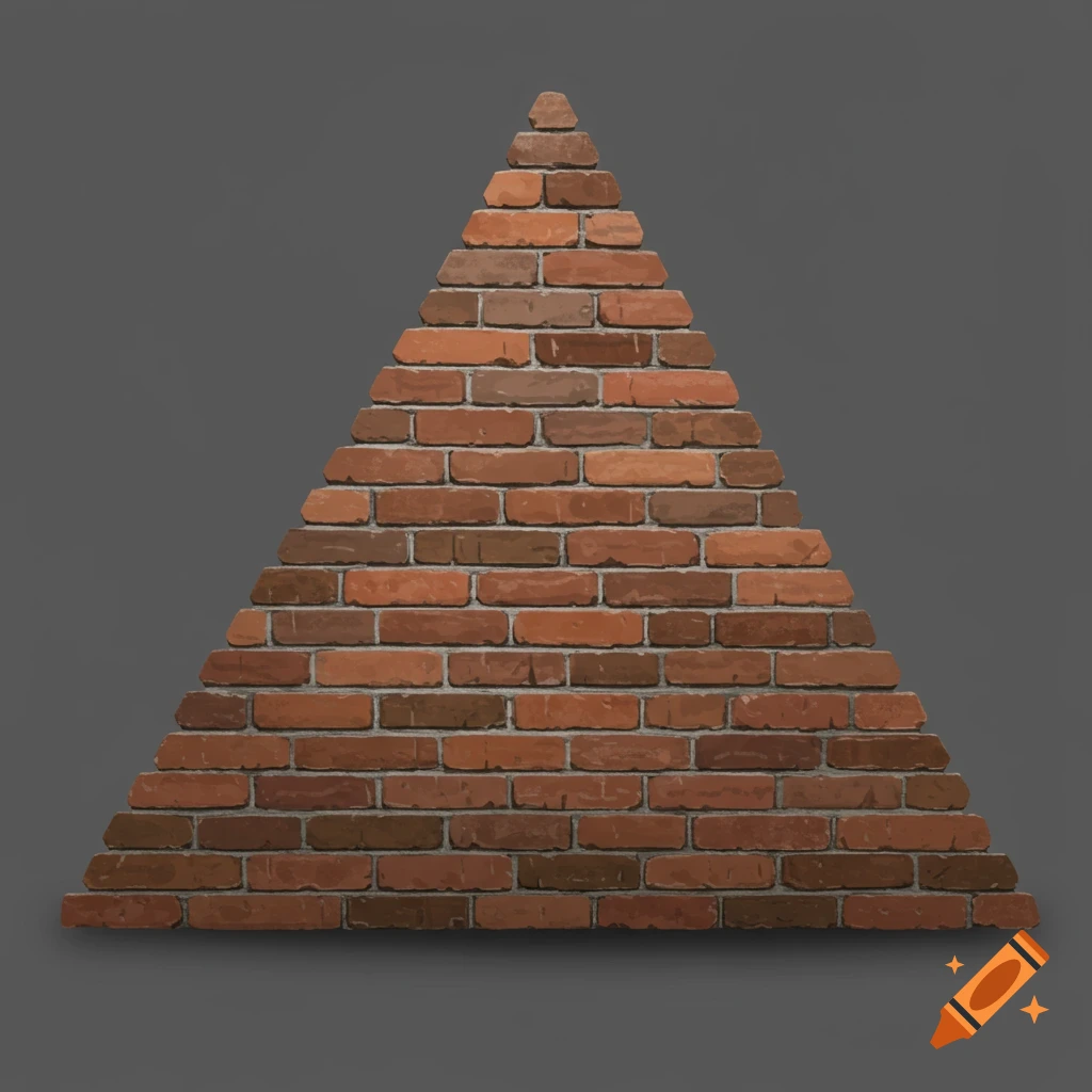 A triangular shape constructed from layered red bricks set against a solid grey background.