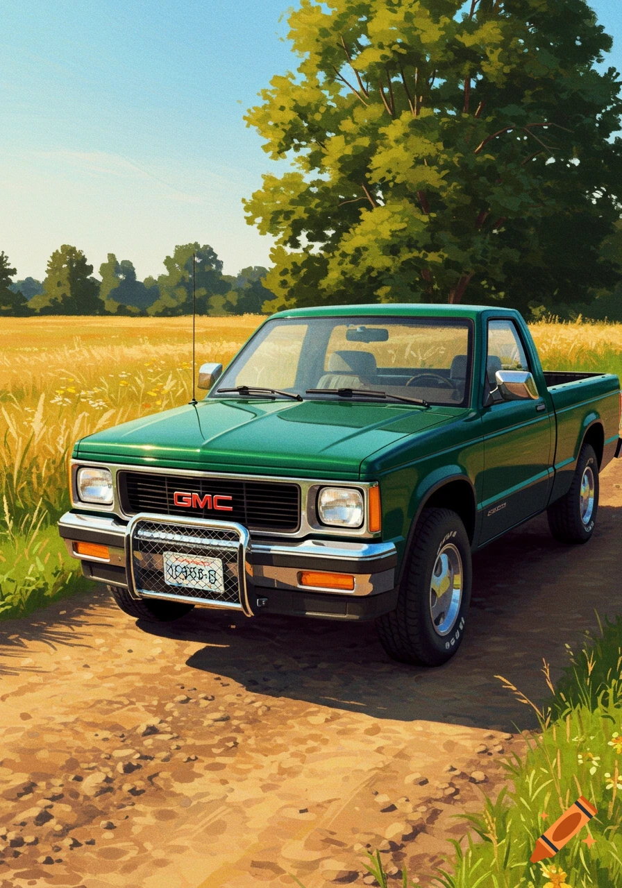 A green 1991 GMC Sonoma pickup truck is parked on a dirt road in a sunny, golden field with trees.