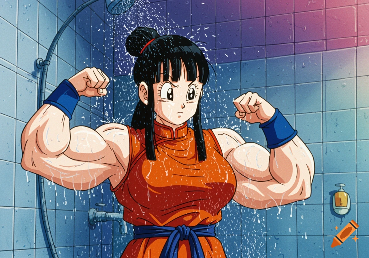 Chi-Chi from Dragon Ball Z flexing in a shower, anime style.
