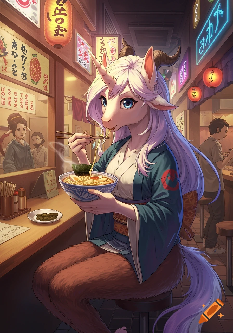 An anime-style anthropomorphic unicorn-satyr hybrid eating a bowl of ramen in a restaurant.