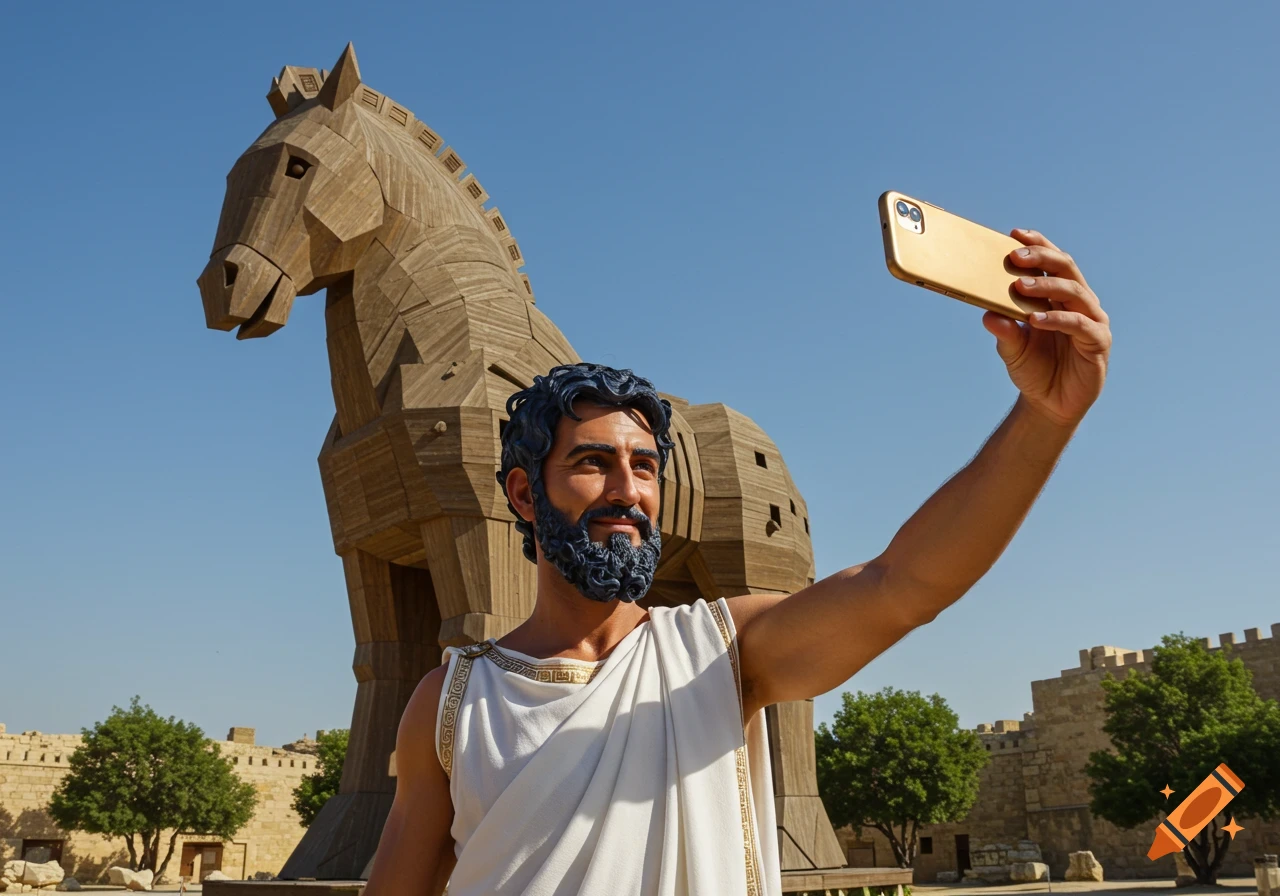 Man in a toga takes a selfie with a large wooden Trojan horse behind him.