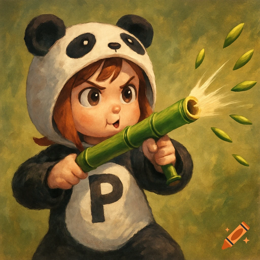 Illustration of a girl in a panda suit with a 'P' on it, holding a bamboo stick shooting green leaves
