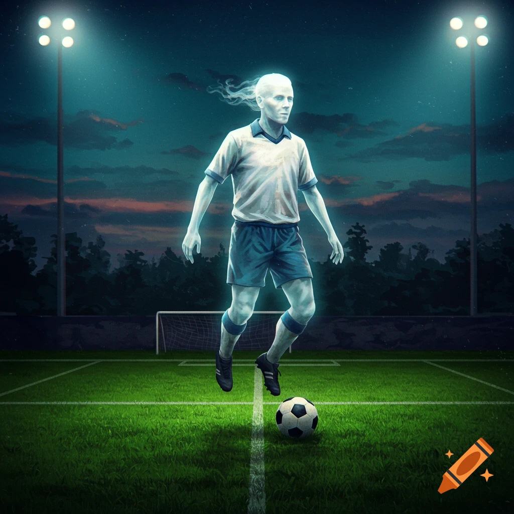 A glowing ghost figure plays soccer on a field at night under stadium lights.