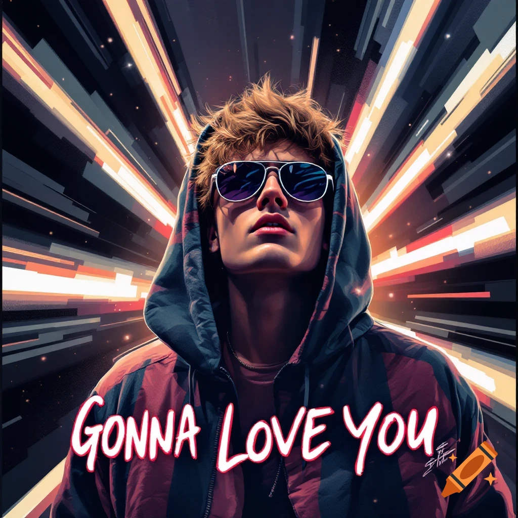 Portrait of a young man in a hoodie and sunglasses with stylized light streaks background and 'Gonna Love You' text overlay