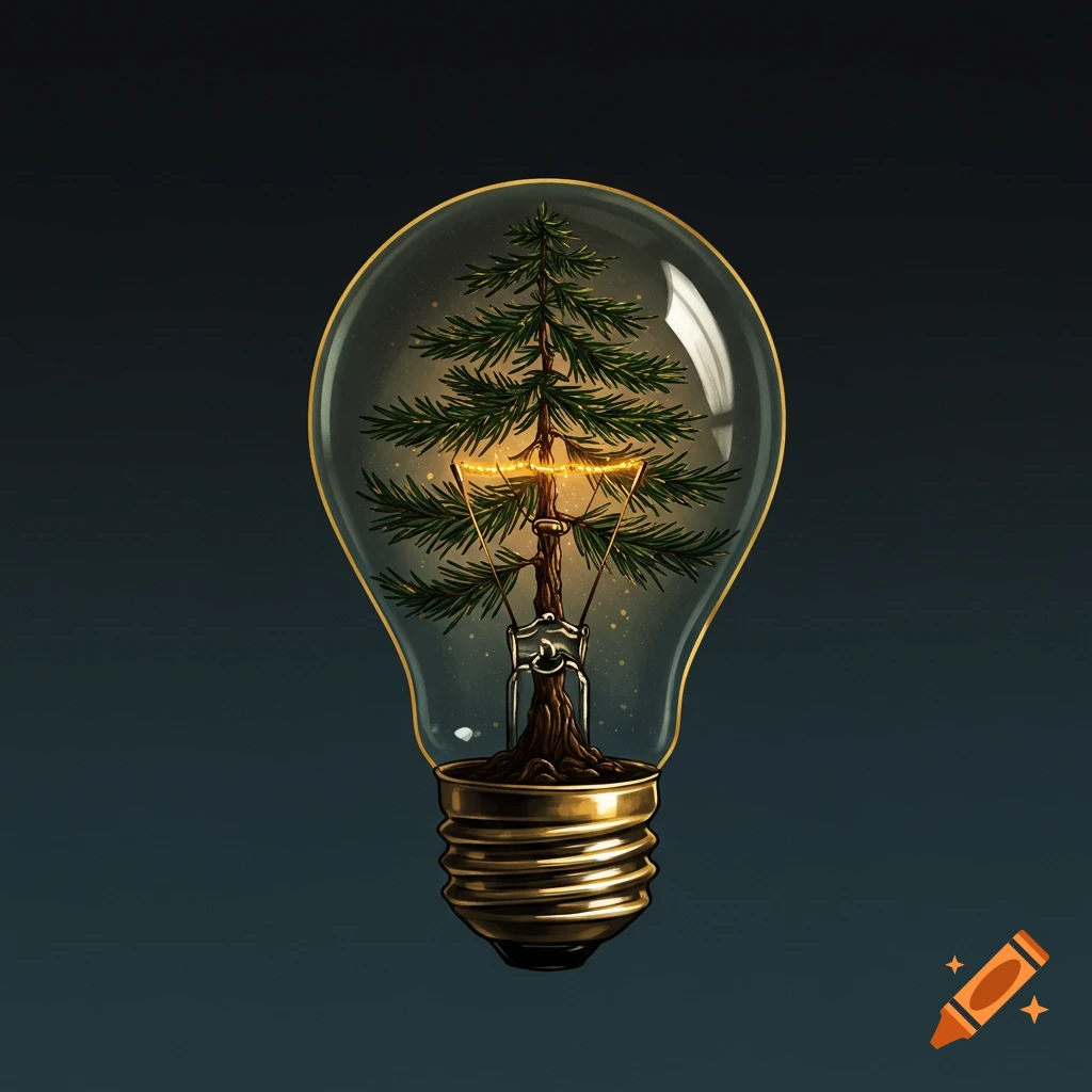 A stylized illustration of a green pine tree inside a lit light bulb.