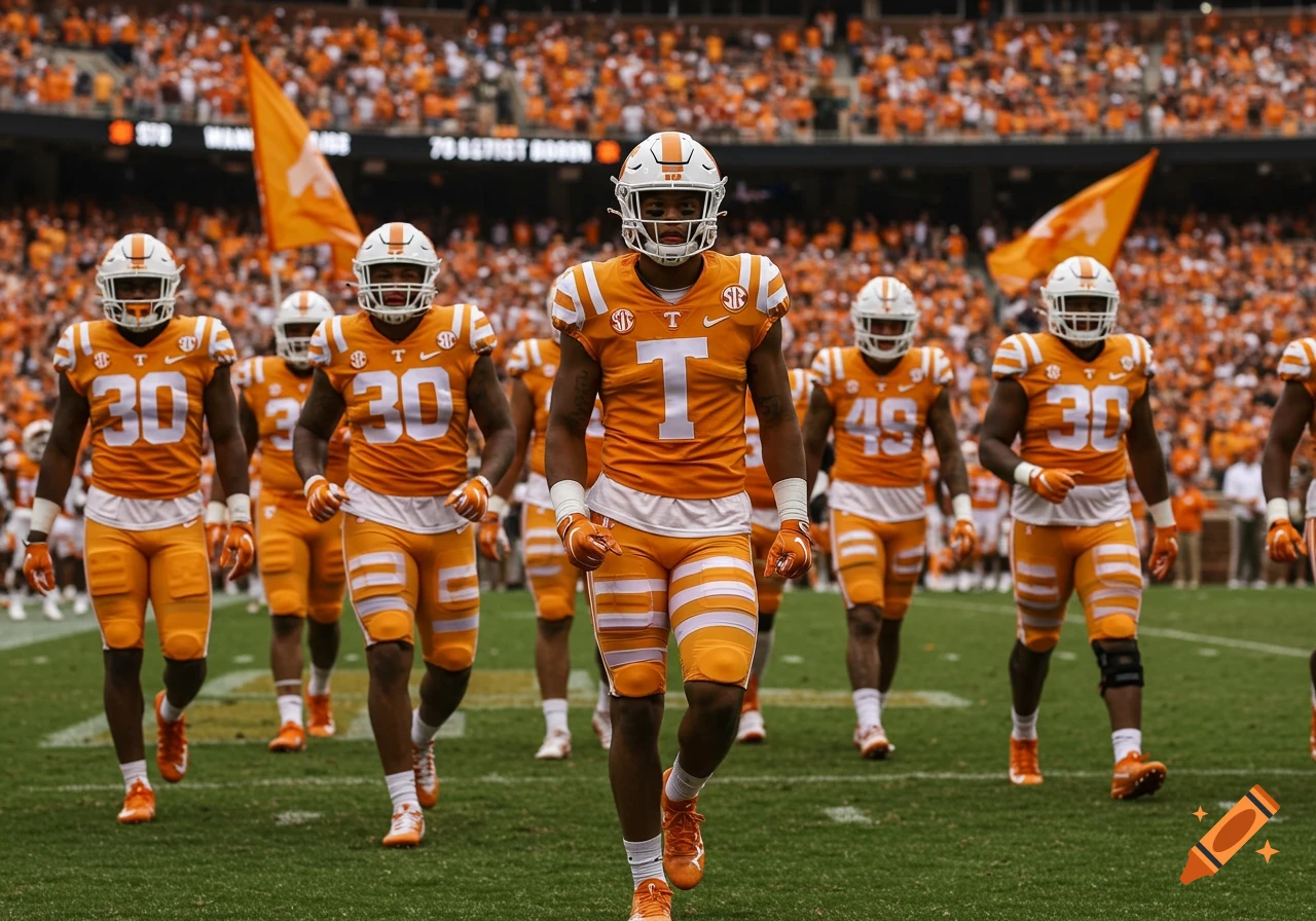 Football players in orange and white uniforms walk onto a field with a stadium crowd behind them.