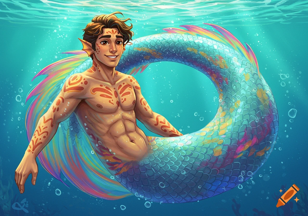 Muscular merman with orange markings and colorful tail swims underwater in a vibrant illustration.