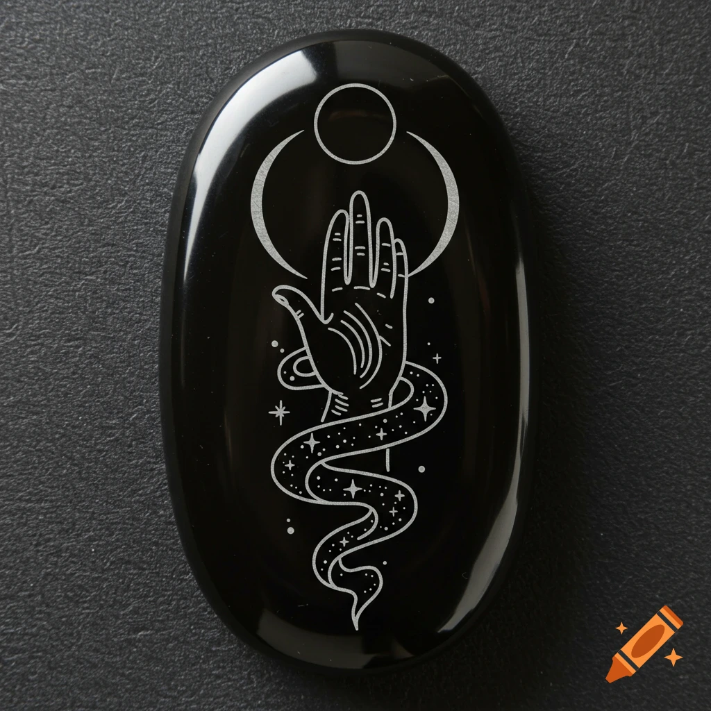 White line art of a hand, snake, moon, and stars on a polished black stone.