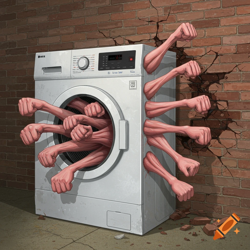 A washing machine with multiple arms coming out of it, punching and cracking a brick wall.
