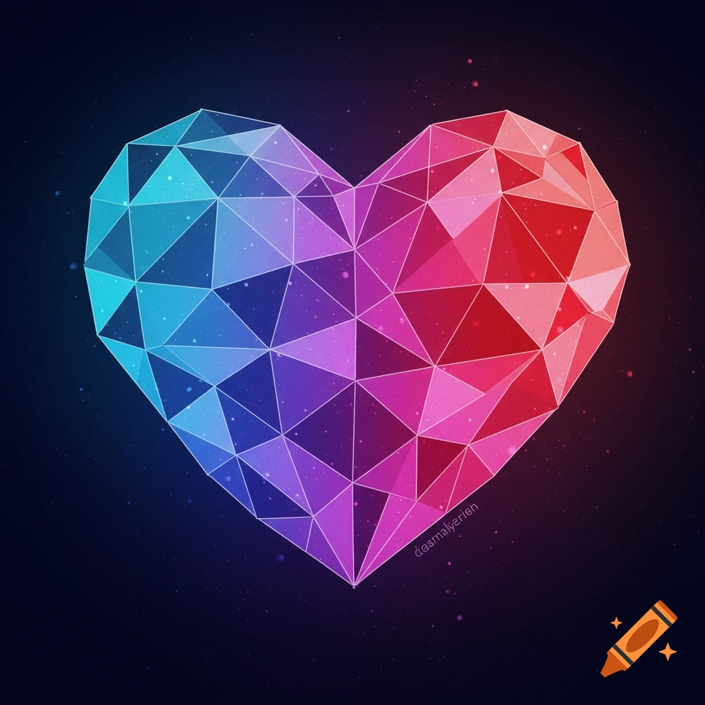 A stylized geometric heart composed of blue, purple, and red diamond facets against a dark, speckled background.