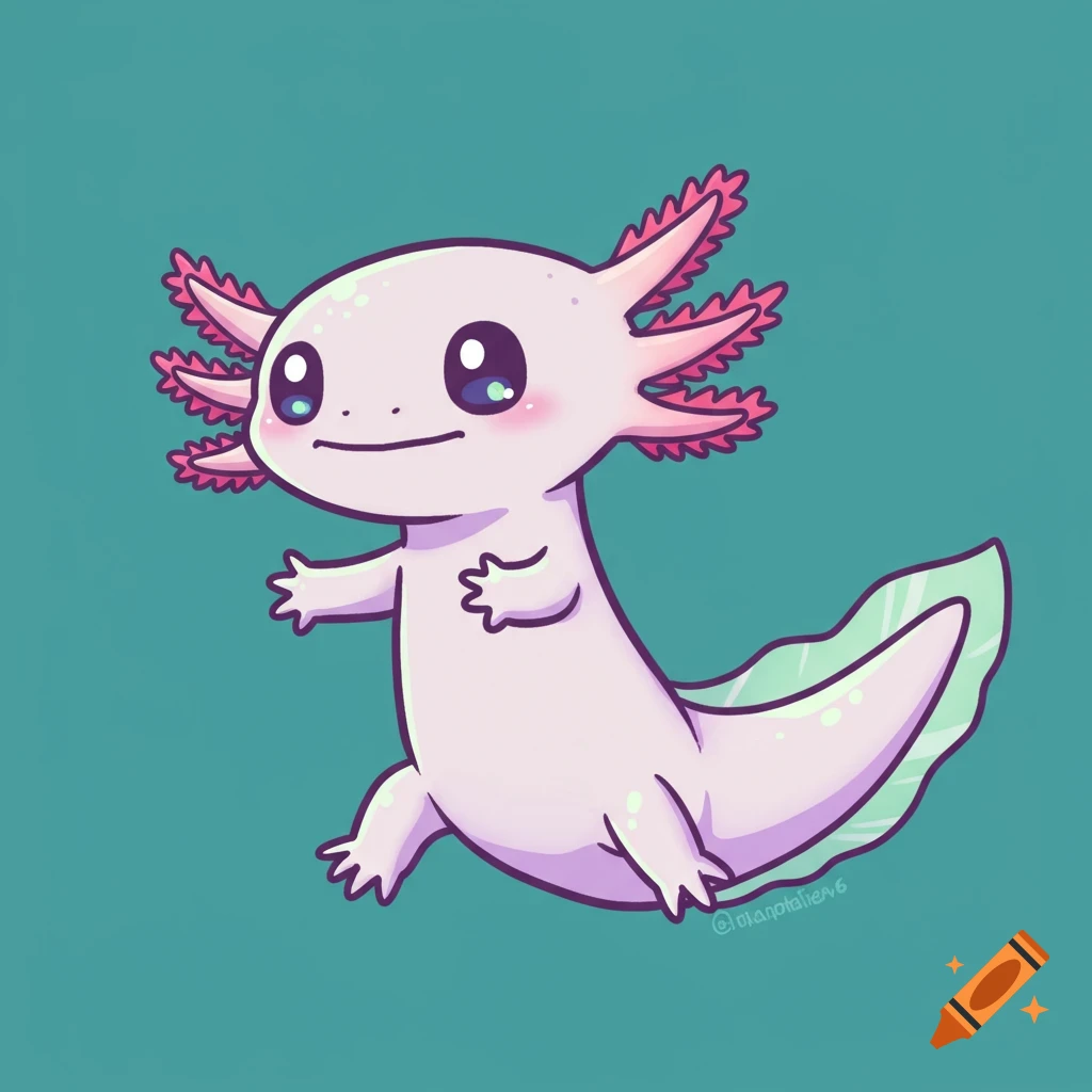 A cute cartoon axolotl swimming.