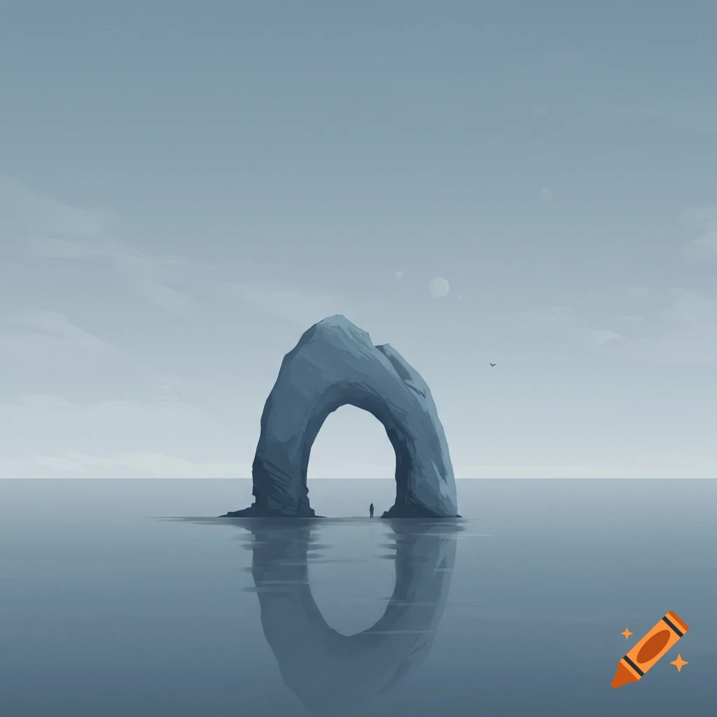 Minimalist art of a large sea arch rock formation with a small figure standing beneath it, reflected in calm water.