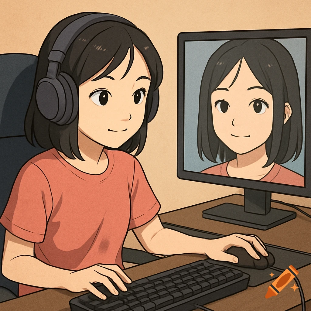 Anime girl with headphones playing computer game, her face on screen