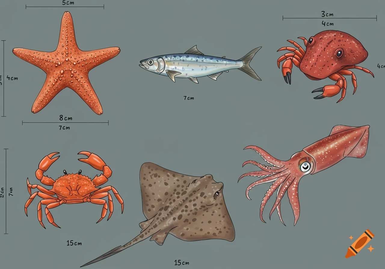 Illustration showing a starfish, sardine, two crabs, a stingray, and a squid.