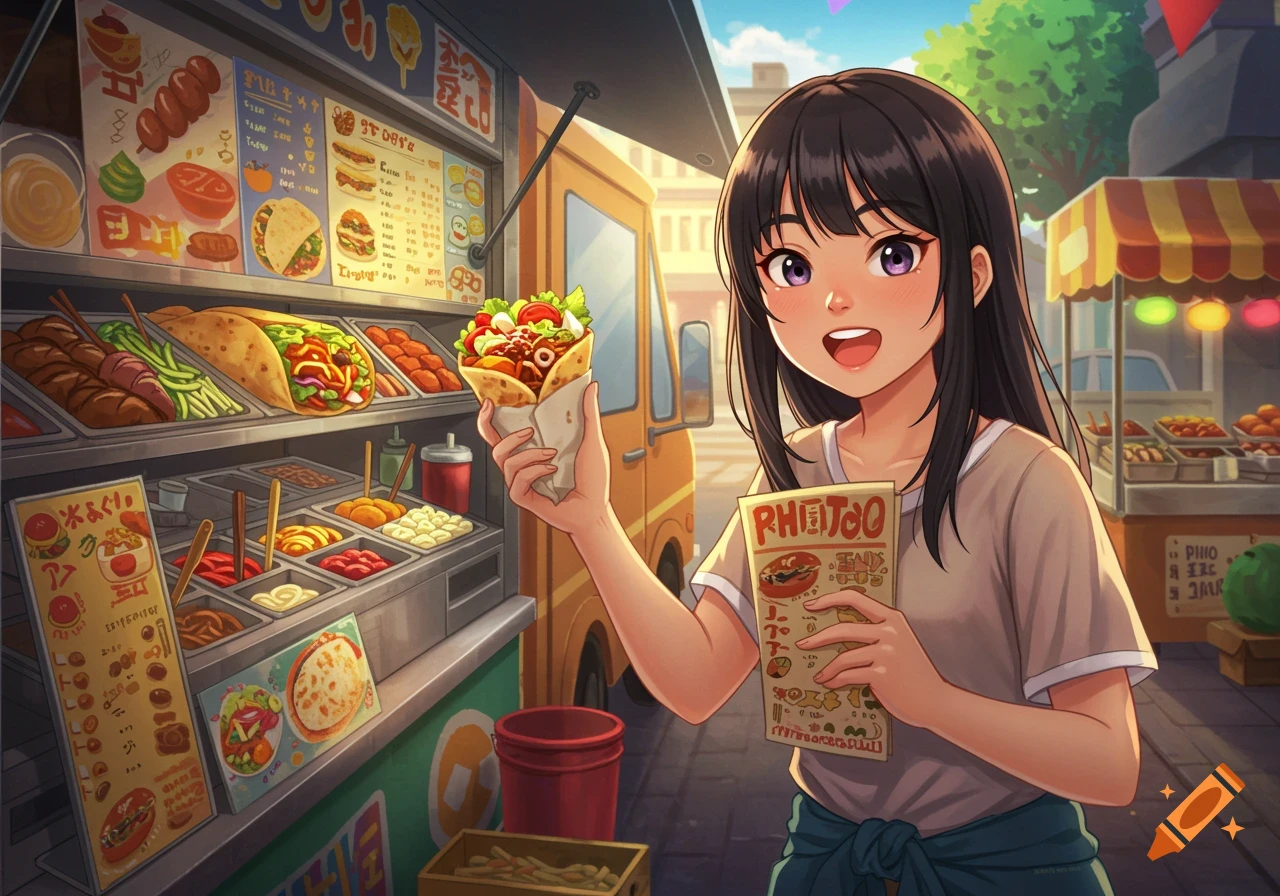 An anime-style illustration of a smiling girl holding a burrito and a menu in front of a food truck.